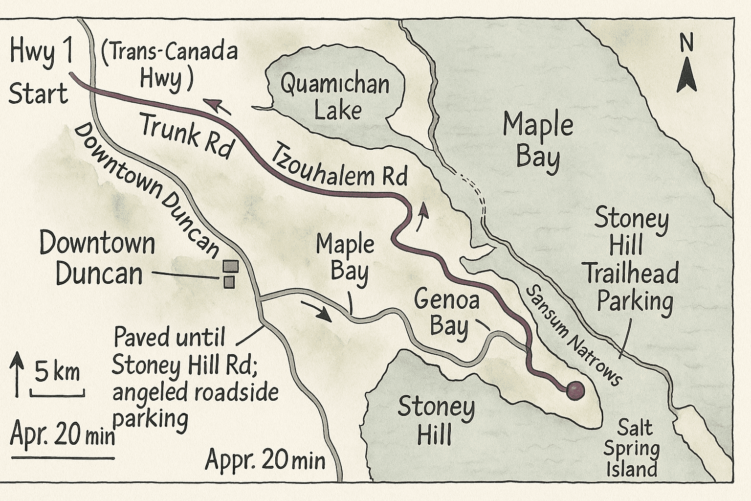 Duncan to Stoney Hill Trail — Hand-Drawn Map Hand-drawn map from Highway 1 in Duncan, BC to Stoney Hill Trail via Trunk Road, Tzouhalem Road, Maple Bay Road, Genoa Bay Road, and Stoney Hill Road