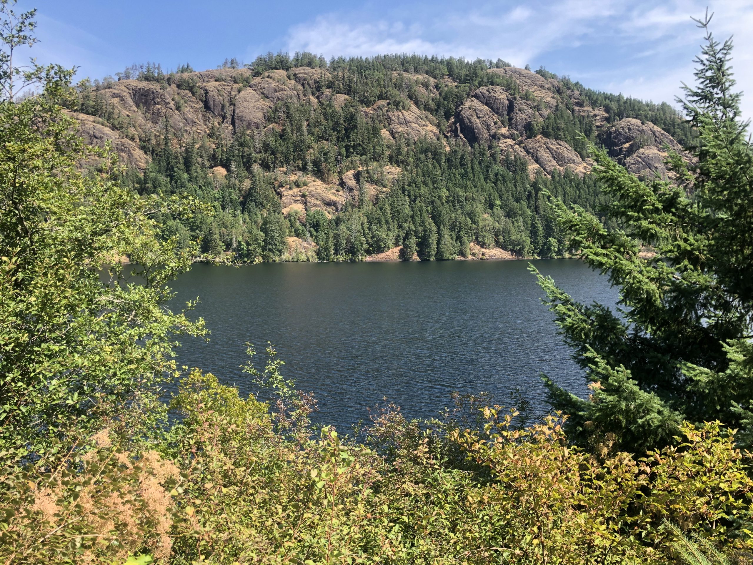View across Mesachie Lake to forested rock bluffs from the Mesachie Mountain Trail on Vancouver Island