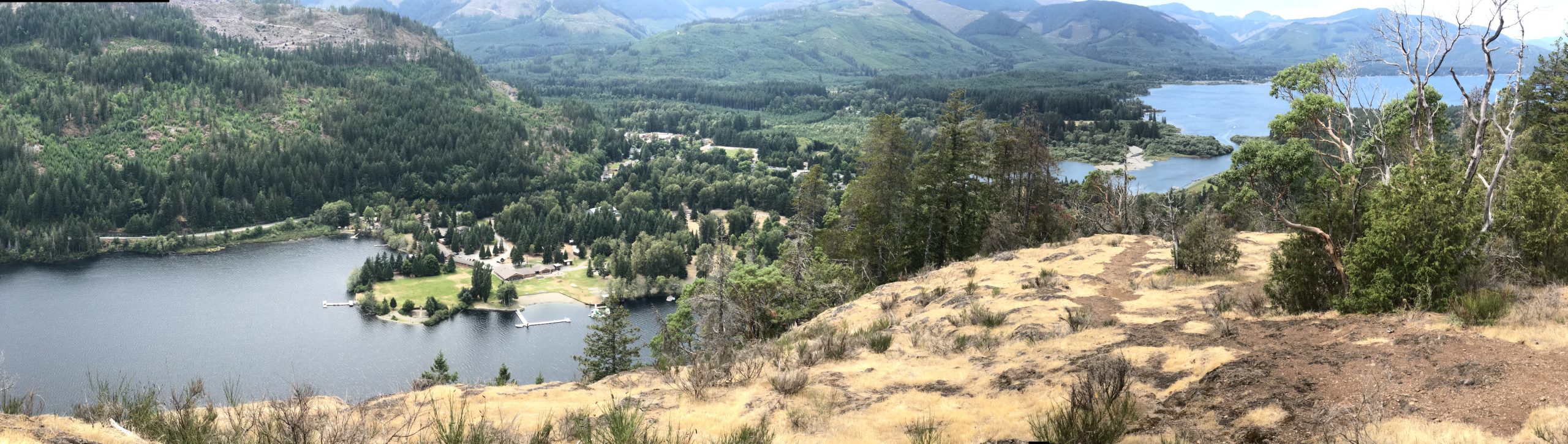 Panoramic lookout from Mesachie Mountain over Mesachie Lake, Lake Cowichan and the surrounding forested valley on Vancouver Island