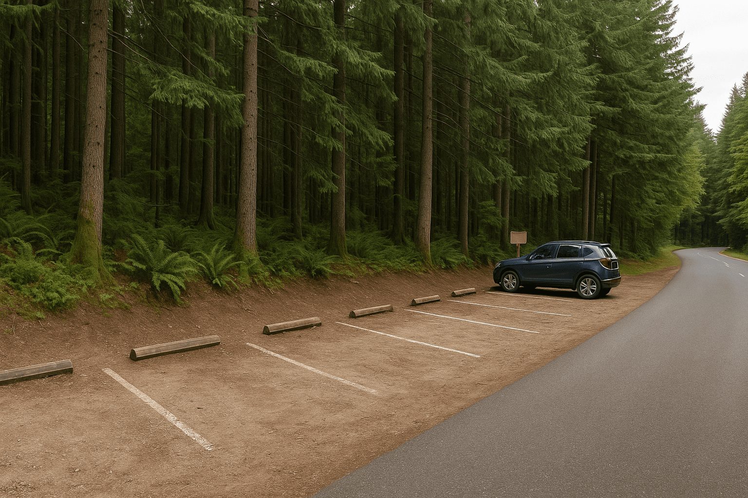 Stoney Hill Trail Roadside Angled Parking — Vancouver Island Roadside angled parking on a paved road beside a fir forest at Stoney Hill Trail with one car at the far end